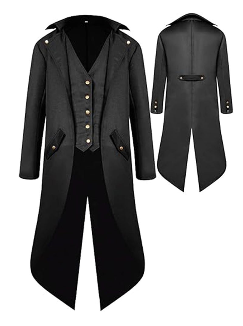 SIAEAMRG Renaissance Steampunk Tailcoat Halloween Costumes for Boys, Medieval Pirate Vampire Victorian Jacket Vintage Frock Coat Children Kids (Black, L) - Image 1